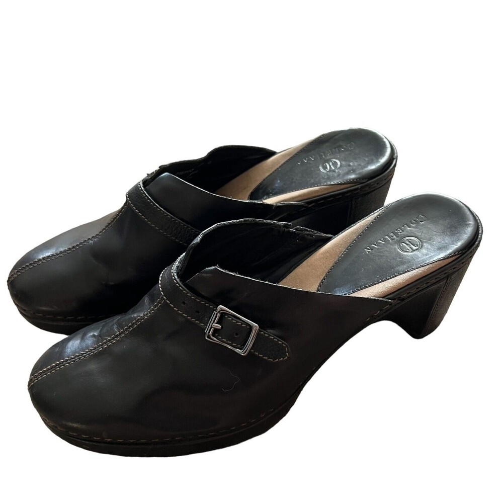 Cole Haan Clog Shoes Size 8.5‎ B Black Leather Womens Slip On Wedge Heels D15803